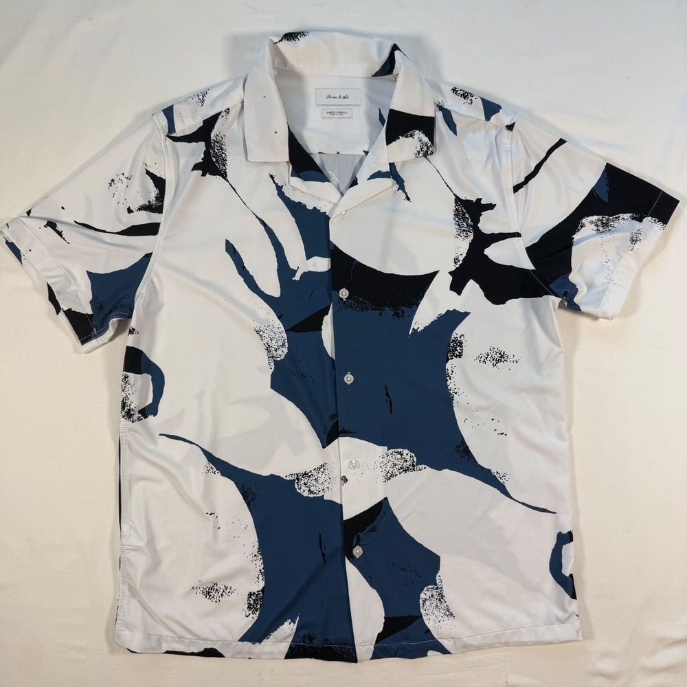 Porter & Ash Kinetic Stretch Mens Medium Blue Abstract Short Sleeve Camp Shirt